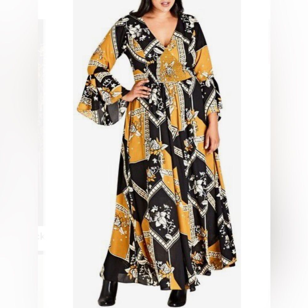 City Chic black & mustard yellow patterned corset smocked top maxi dress size 16